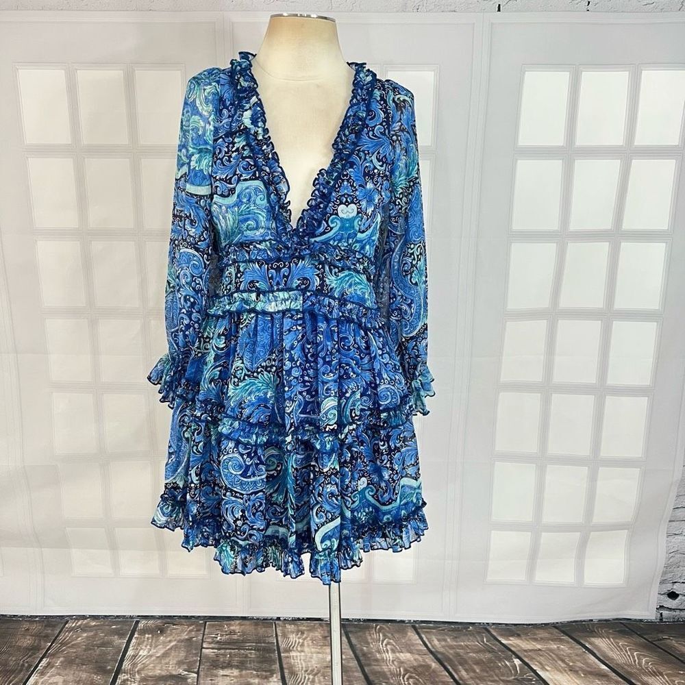 Luxxel Women's Floral Blue Ruffled Trim Open Back Mini Dress Size L
